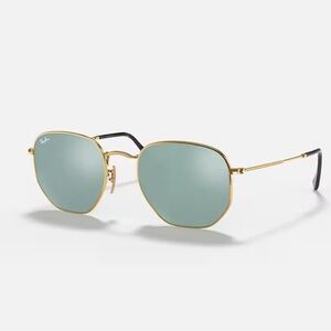 Ray Ban Hexagonal Flat Lenses Sunglasses (Polished Arista Gold - Silver Flash)